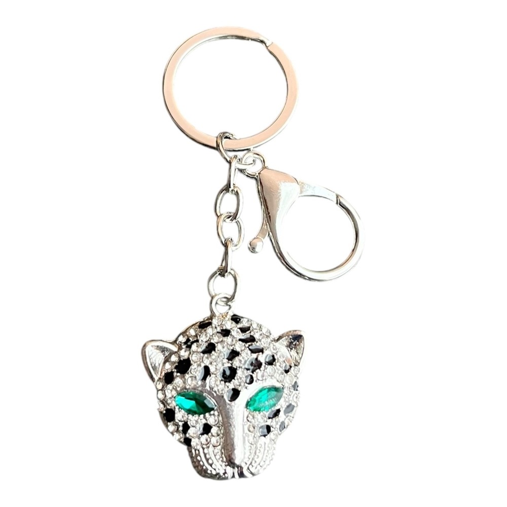 Women's Key Chain Silver Tone Green Eyes 4" Rhinestone Panther Leopard Head